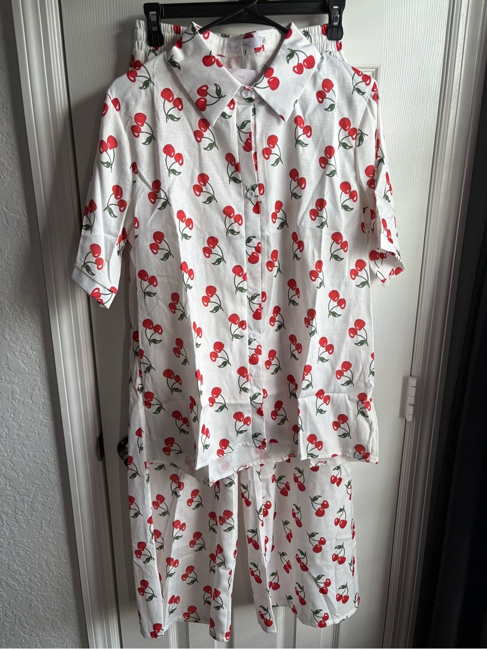 White Cherry Print Button-Up Top and Shorts Set
